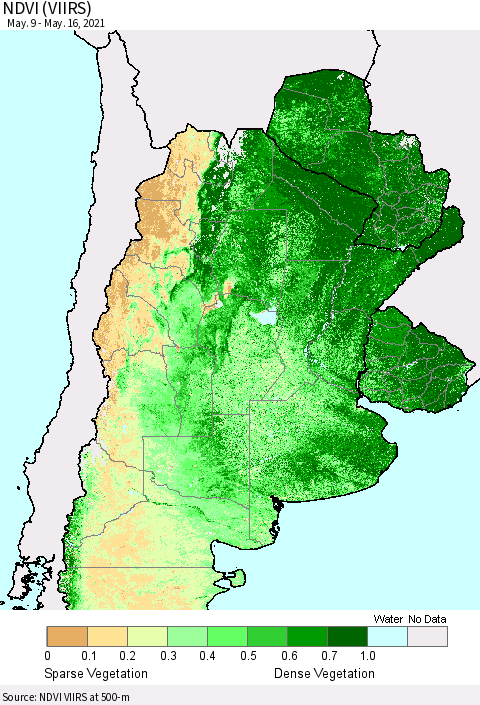 Southern South America NDVI (VIIRS) Thematic Map For 5/9/2021 - 5/16/2021
