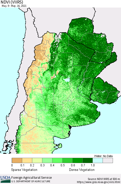 Southern South America NDVI (VIIRS) Thematic Map For 5/11/2021 - 5/20/2021