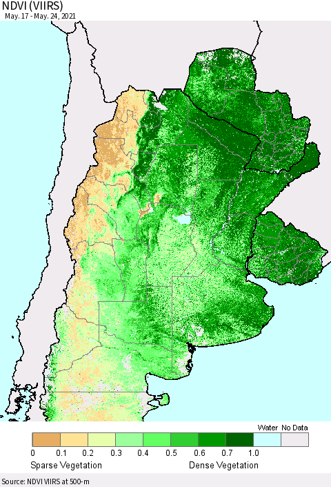 Southern South America NDVI (VIIRS) Thematic Map For 5/17/2021 - 5/24/2021