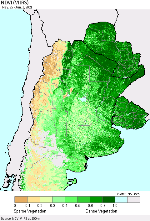 Southern South America NDVI (VIIRS) Thematic Map For 5/25/2021 - 6/1/2021