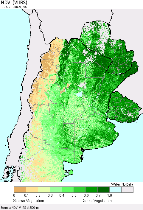 Southern South America NDVI (VIIRS) Thematic Map For 6/2/2021 - 6/9/2021