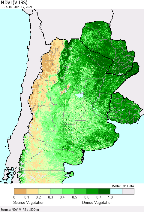 Southern South America NDVI (VIIRS) Thematic Map For 6/10/2021 - 6/17/2021
