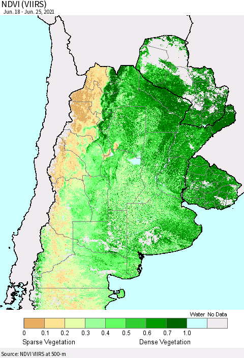 Southern South America NDVI (VIIRS) Thematic Map For 6/18/2021 - 6/25/2021