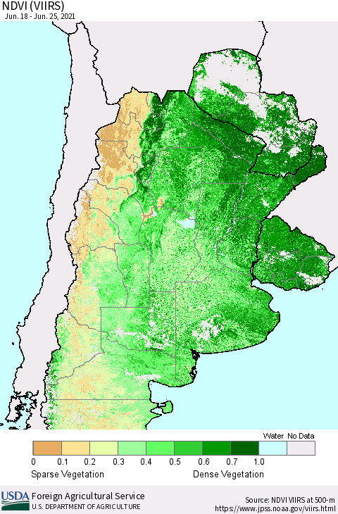 Southern South America NDVI (VIIRS) Thematic Map For 6/21/2021 - 6/30/2021