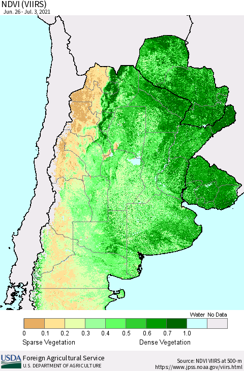Southern South America NDVI (VIIRS) Thematic Map For 7/1/2021 - 7/10/2021