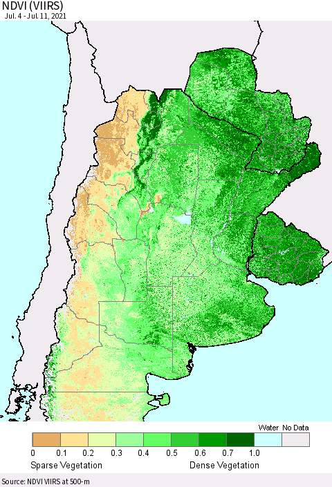 Southern South America NDVI (VIIRS) Thematic Map For 7/4/2021 - 7/11/2021