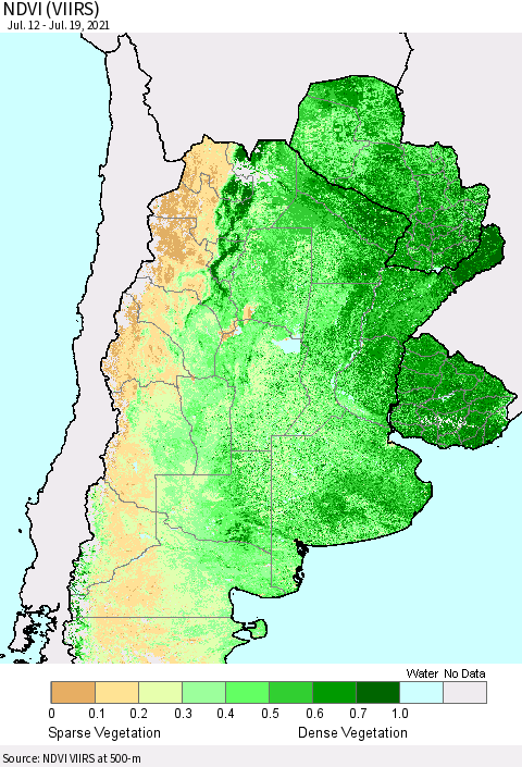 Southern South America NDVI (VIIRS) Thematic Map For 7/12/2021 - 7/19/2021
