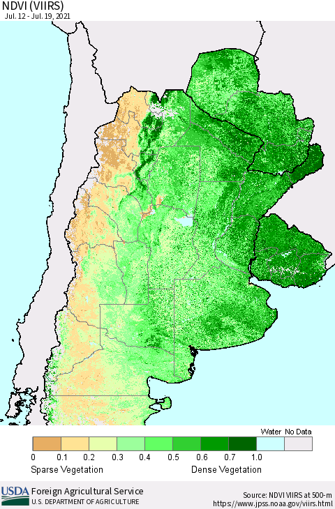 Southern South America NDVI (VIIRS) Thematic Map For 7/11/2021 - 7/20/2021