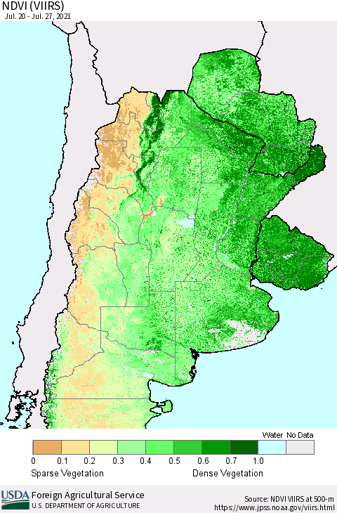Southern South America NDVI (VIIRS) Thematic Map For 7/21/2021 - 7/31/2021