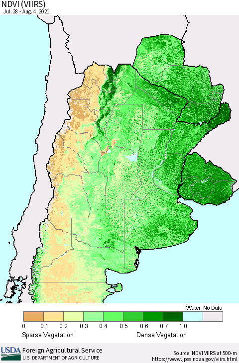 Southern South America NDVI (VIIRS) Thematic Map For 8/1/2021 - 8/10/2021