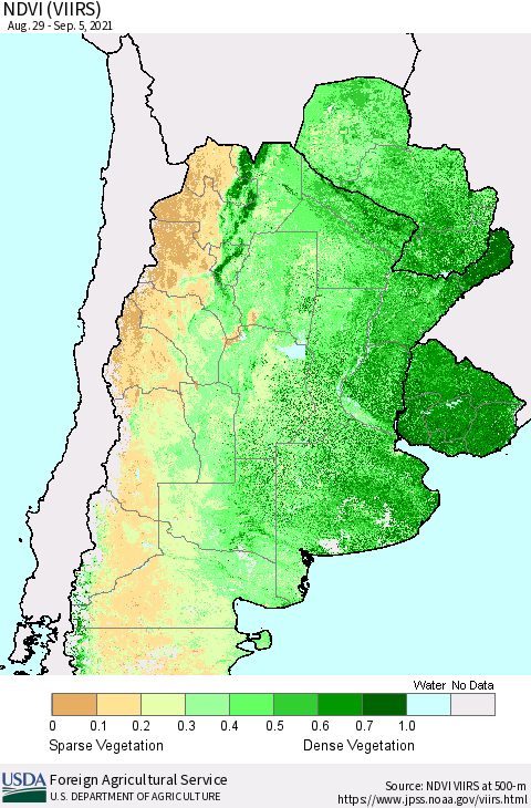 Southern South America NDVI (VIIRS) Thematic Map For 9/1/2021 - 9/10/2021