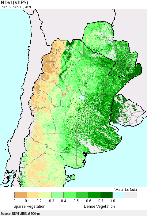 Southern South America NDVI (VIIRS) Thematic Map For 9/6/2021 - 9/13/2021