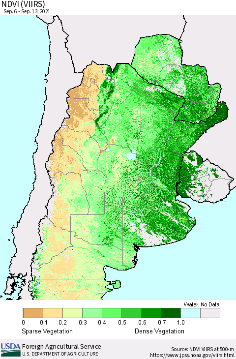 Southern South America NDVI (VIIRS) Thematic Map For 9/11/2021 - 9/20/2021