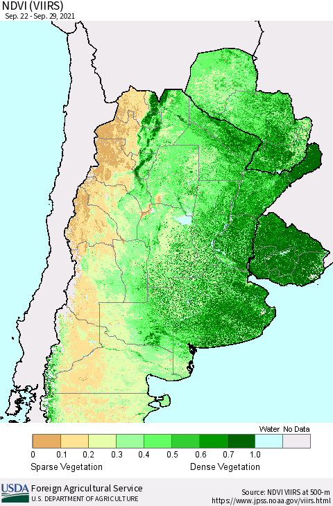Southern South America NDVI (VIIRS) Thematic Map For 9/21/2021 - 9/30/2021