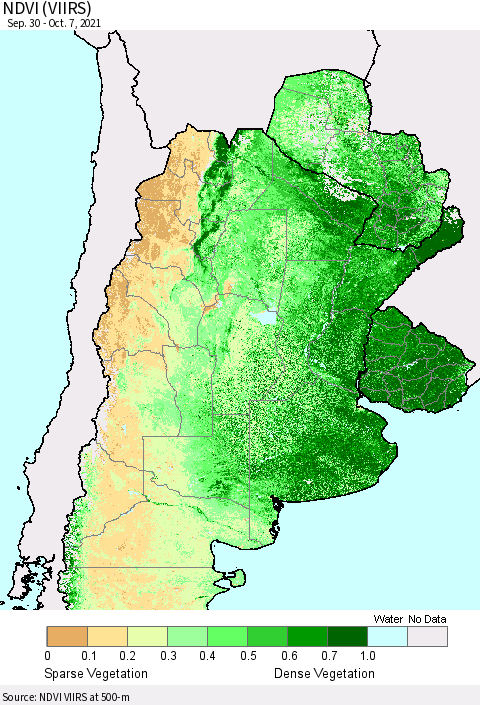 Southern South America NDVI (VIIRS) Thematic Map For 9/30/2021 - 10/7/2021