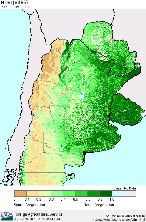 Southern South America NDVI (VIIRS) Thematic Map For 10/1/2021 - 10/10/2021