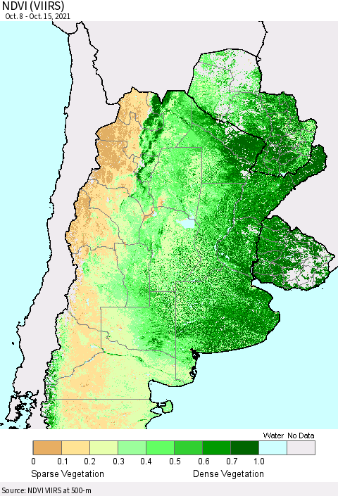 Southern South America NDVI (VIIRS) Thematic Map For 10/8/2021 - 10/15/2021