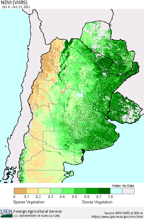 Southern South America NDVI (VIIRS) Thematic Map For 10/11/2021 - 10/20/2021