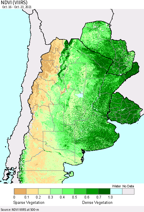 Southern South America NDVI (VIIRS) Thematic Map For 10/16/2021 - 10/23/2021