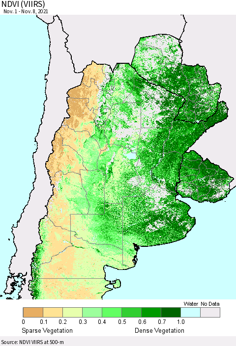 Southern South America NDVI (VIIRS) Thematic Map For 11/1/2021 - 11/8/2021