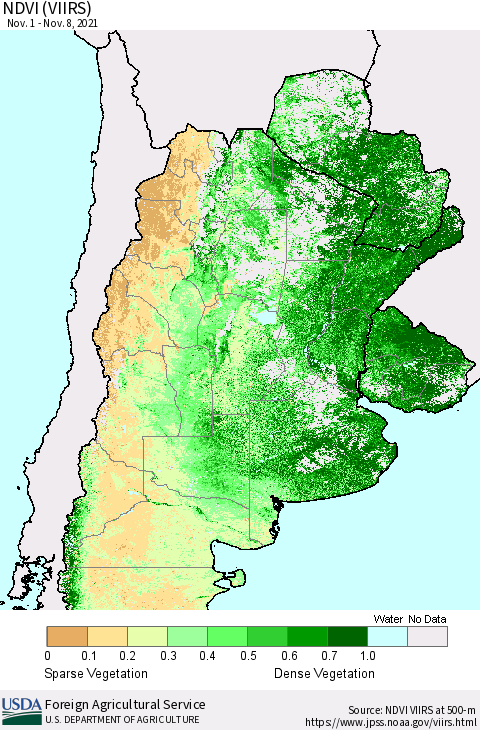 Southern South America NDVI (VIIRS) Thematic Map For 11/1/2021 - 11/10/2021