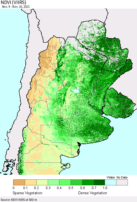 Southern South America NDVI (VIIRS) Thematic Map For 11/9/2021 - 11/16/2021