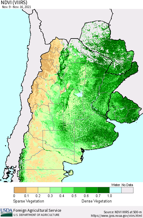 Southern South America NDVI (VIIRS) Thematic Map For 11/11/2021 - 11/20/2021
