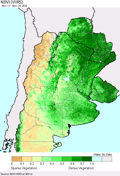 Southern South America NDVI (VIIRS) Thematic Map For 11/17/2021 - 11/24/2021