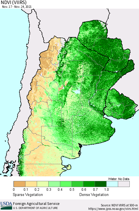 Southern South America NDVI (VIIRS) Thematic Map For 11/21/2021 - 11/30/2021