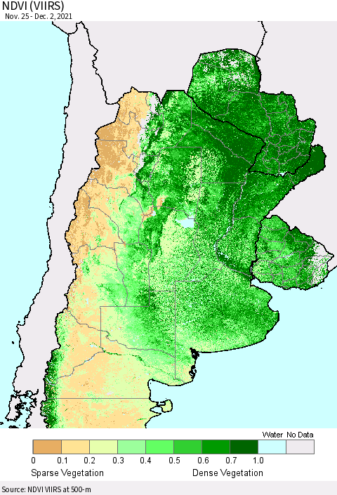 Southern South America NDVI (VIIRS) Thematic Map For 11/25/2021 - 12/2/2021