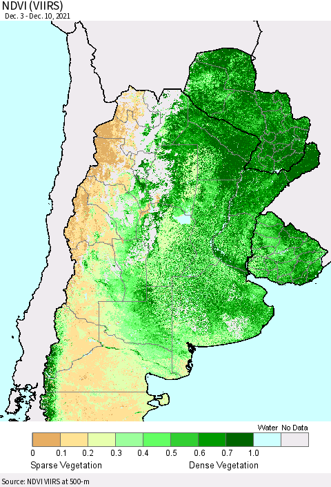 Southern South America NDVI (VIIRS) Thematic Map For 12/1/2021 - 12/10/2021