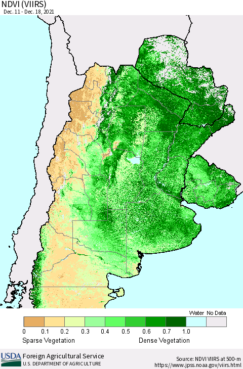 Southern South America NDVI (VIIRS) Thematic Map For 12/11/2021 - 12/20/2021