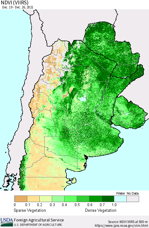 Southern South America NDVI (VIIRS) Thematic Map For 12/21/2021 - 12/31/2021