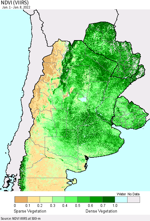 Southern South America NDVI (VIIRS) Thematic Map For 1/1/2022 - 1/8/2022