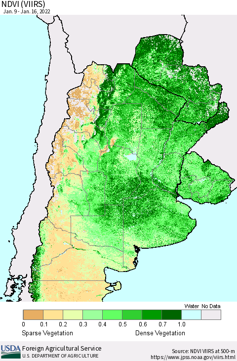 Southern South America NDVI (VIIRS) Thematic Map For 1/11/2022 - 1/20/2022