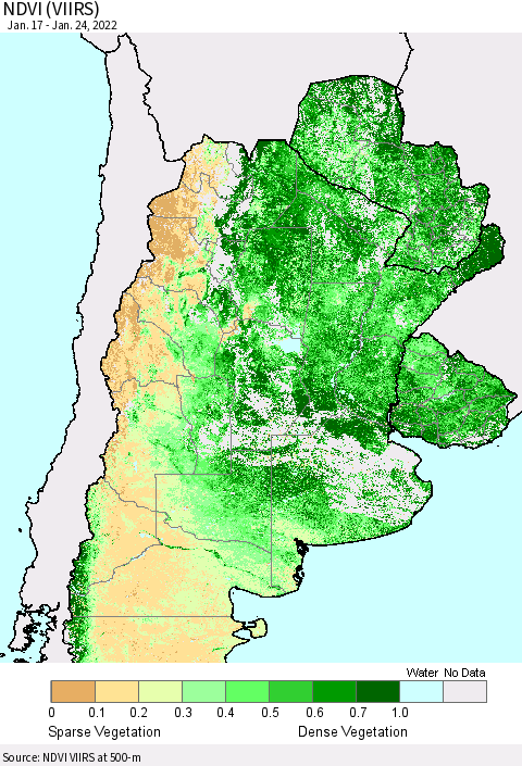 Southern South America NDVI (VIIRS) Thematic Map For 1/17/2022 - 1/24/2022