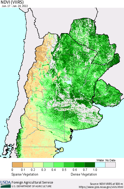 Southern South America NDVI (VIIRS) Thematic Map For 1/21/2022 - 1/31/2022