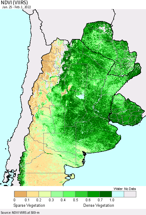 Southern South America NDVI (VIIRS) Thematic Map For 1/25/2022 - 2/1/2022