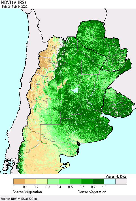 Southern South America NDVI (VIIRS) Thematic Map For 2/2/2022 - 2/9/2022