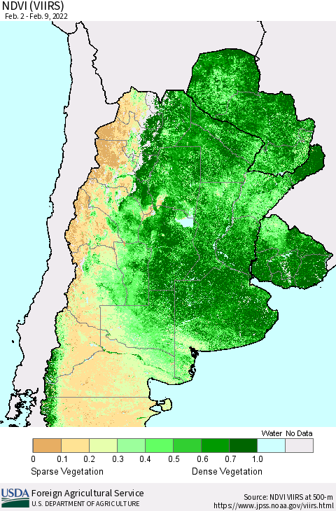 Southern South America NDVI (VIIRS) Thematic Map For 2/1/2022 - 2/10/2022