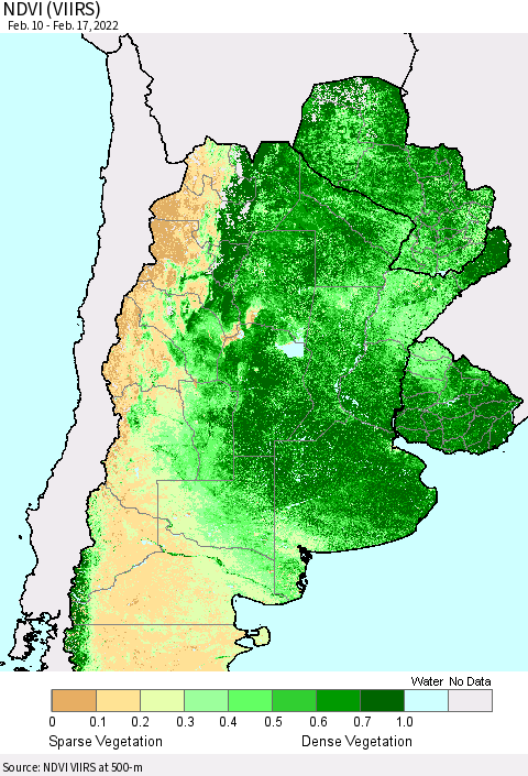 Southern South America NDVI (VIIRS) Thematic Map For 2/10/2022 - 2/17/2022