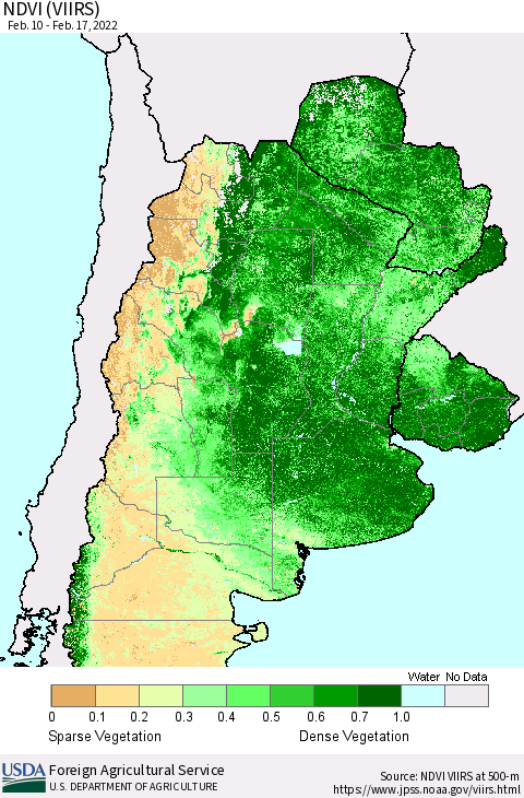 Southern South America NDVI (VIIRS) Thematic Map For 2/11/2022 - 2/20/2022