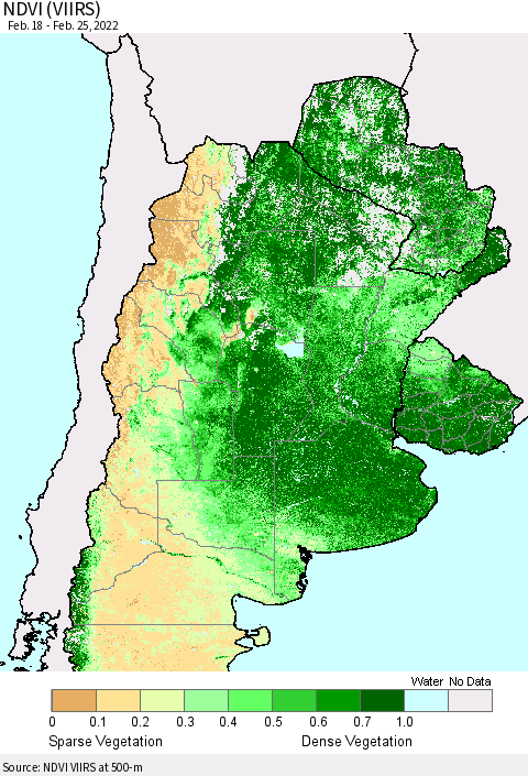 Southern South America NDVI (VIIRS) Thematic Map For 2/18/2022 - 2/25/2022