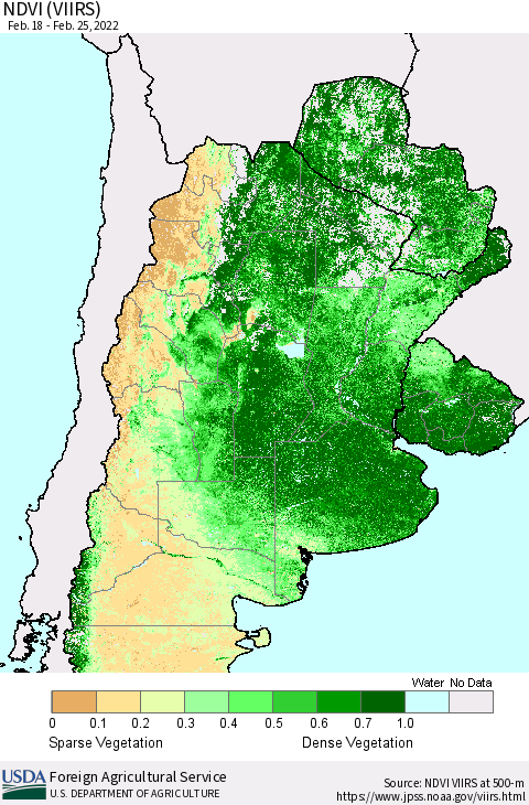 Southern South America NDVI (VIIRS) Thematic Map For 2/21/2022 - 2/28/2022