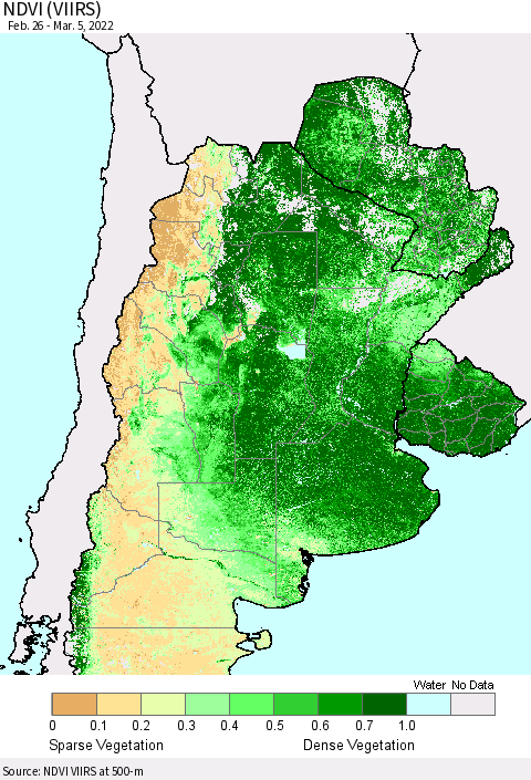 Southern South America NDVI (VIIRS) Thematic Map For 2/26/2022 - 3/5/2022