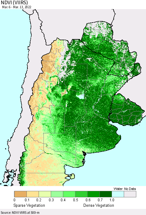Southern South America NDVI (VIIRS) Thematic Map For 3/6/2022 - 3/13/2022