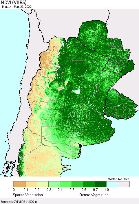 Southern South America NDVI (VIIRS) Thematic Map For 3/14/2022 - 3/21/2022