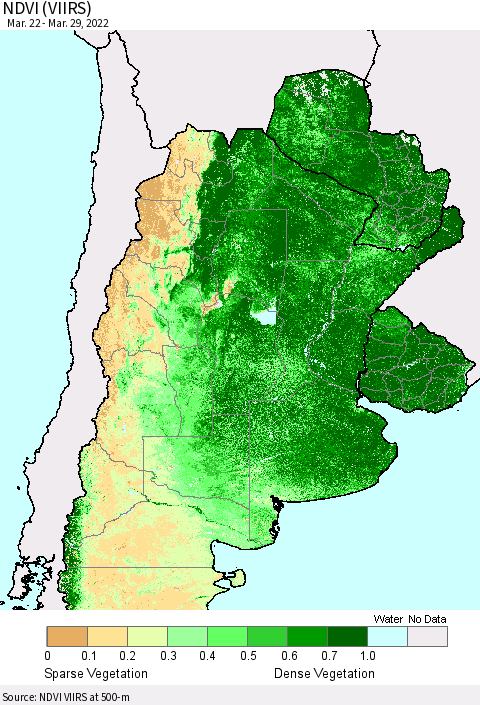 Southern South America NDVI (VIIRS) Thematic Map For 3/22/2022 - 3/29/2022