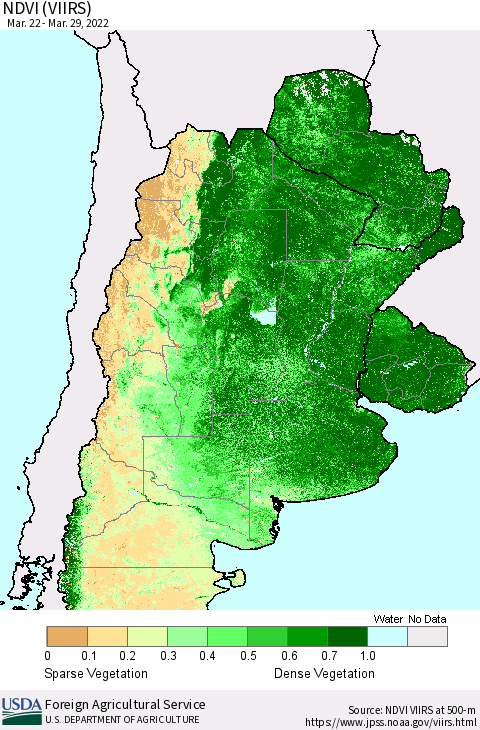 Southern South America NDVI (VIIRS) Thematic Map For 3/21/2022 - 3/31/2022