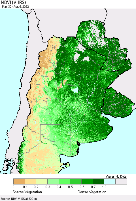 Southern South America NDVI (VIIRS) Thematic Map For 3/30/2022 - 4/6/2022